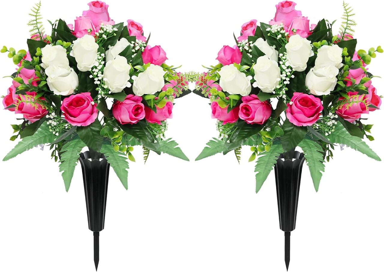 2 Sets Artificial Cemetery Flowers for Grave,Realistic Grave Flowers for Cemetery,Silk Rose with Vase for Headstone Tombstone Decoration Easy fit (Pink White)